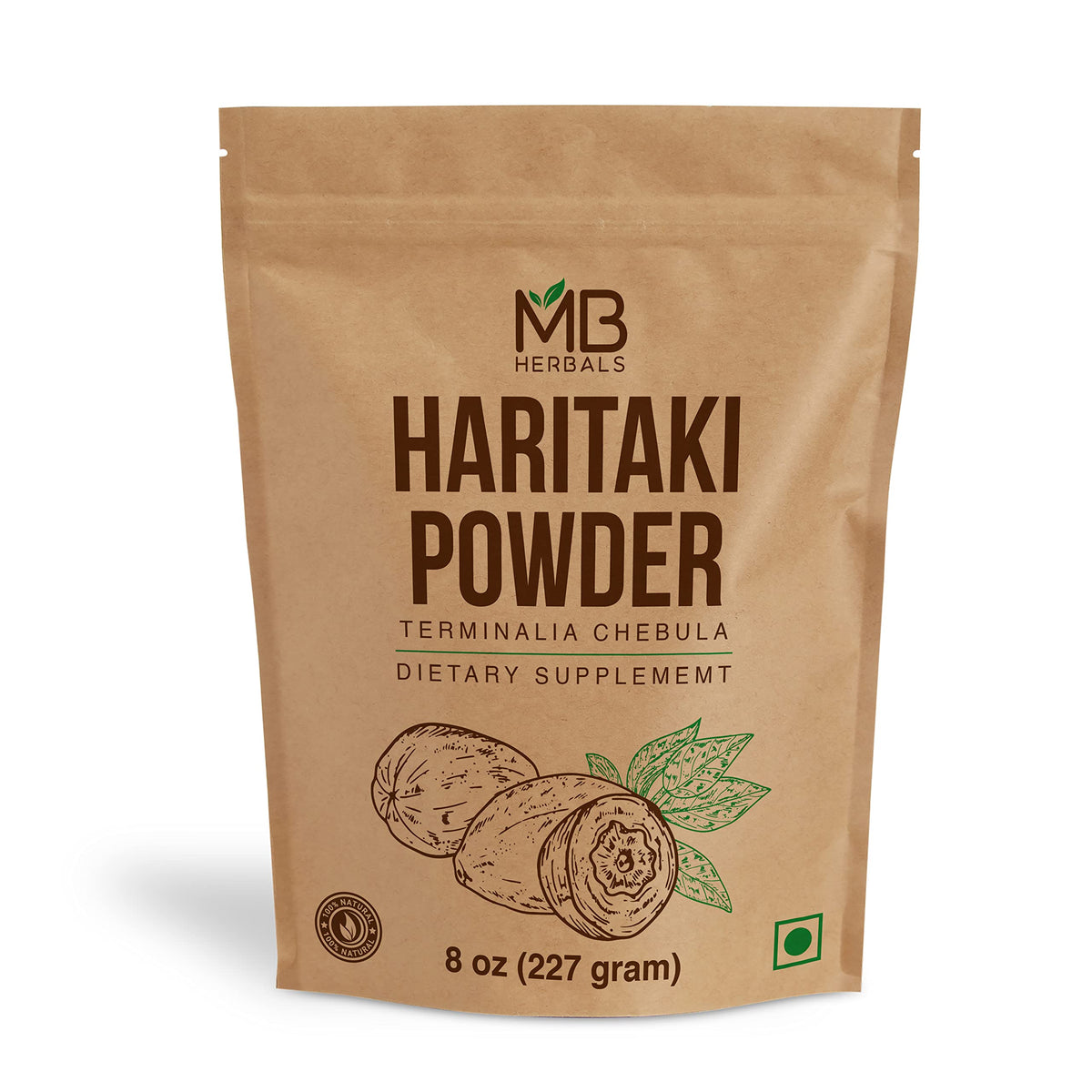 Poudre de Haritaki MB Herbals 227g vue de face avec emballage
