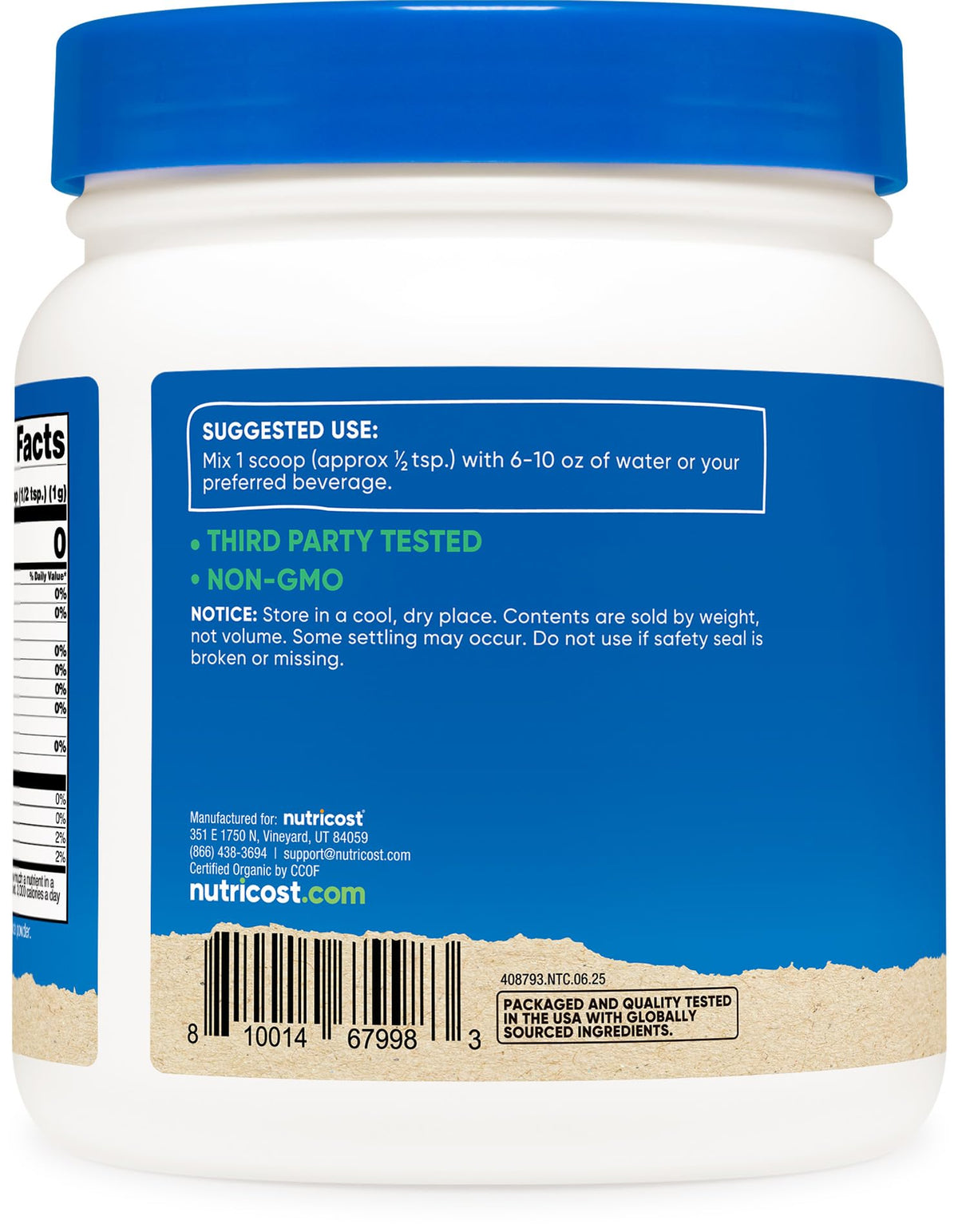Poudre de jus d'orge bio Nutricost 540g vue arrière