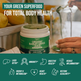 Poudre de Jus d'Orge Bio Triquetra Health 200g sur une table