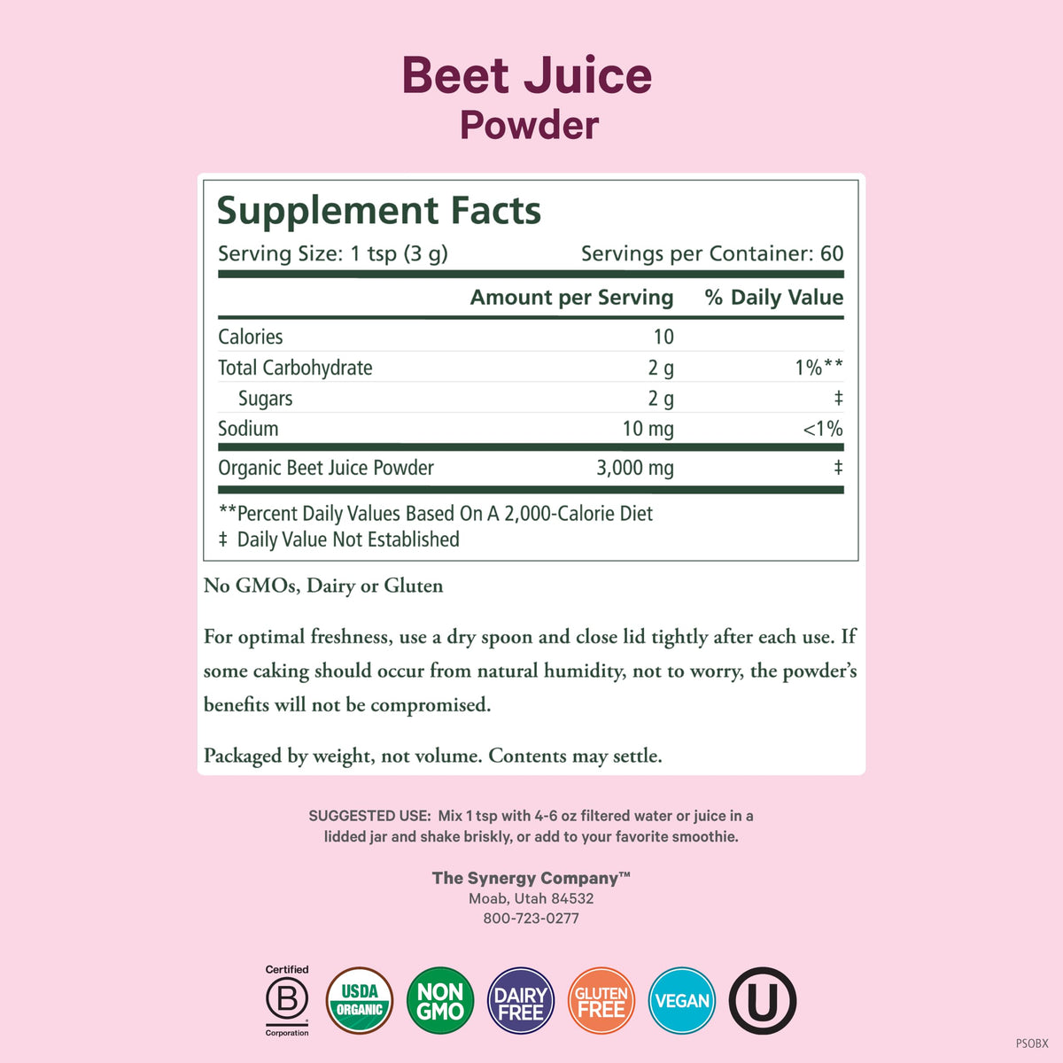 Poudre de Jus de Betterave Bio PURE SYNERGY 181g avec cuillère