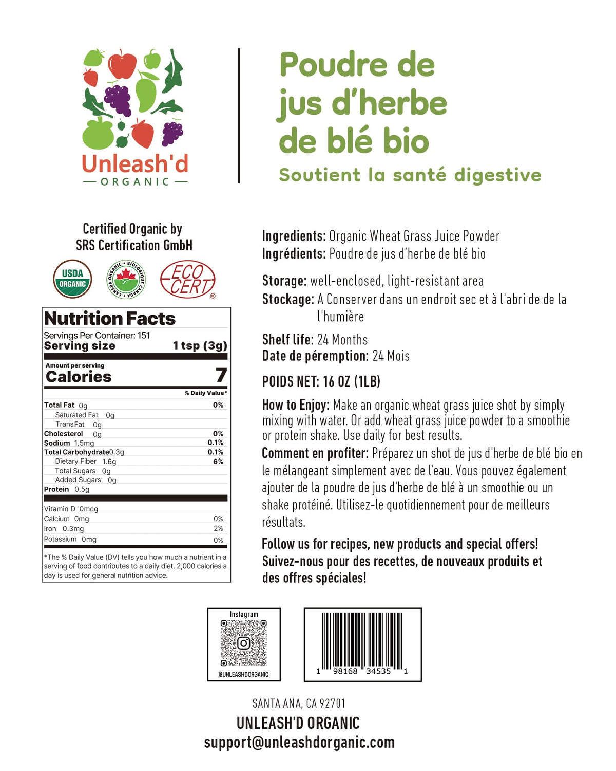 Poudre de Jus de Blé 'D ORGANIC 454g avec cuillère