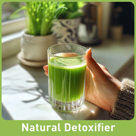 Poudre de Jus de Blé 'D ORGANIC 454g près d'un verre d'eau