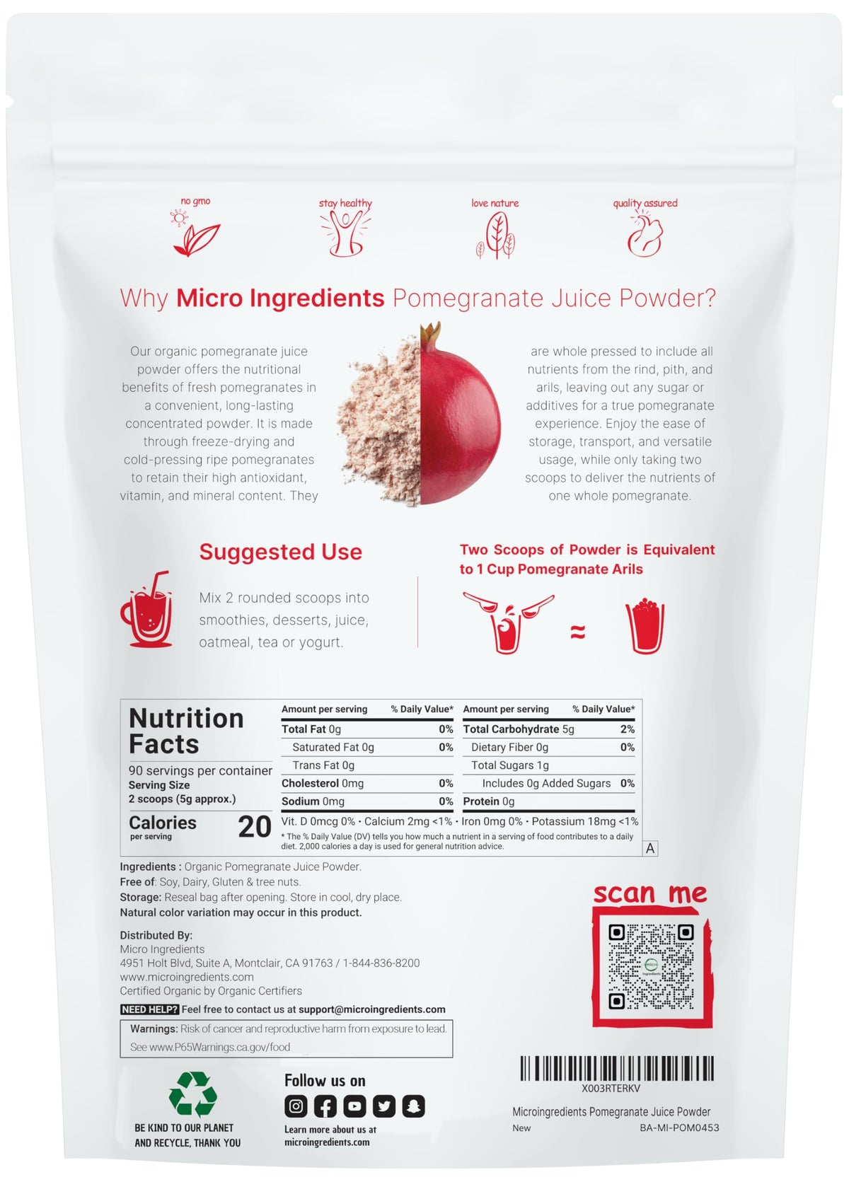 Poudre de jus de grenade bio Micro Ingredients 472g dosage avec cuillère