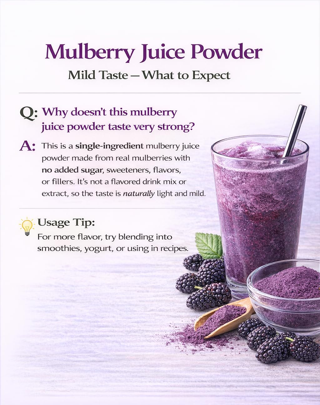Poudre de jus de murier bio 'D ORGANIC ajoutée à un smoothie