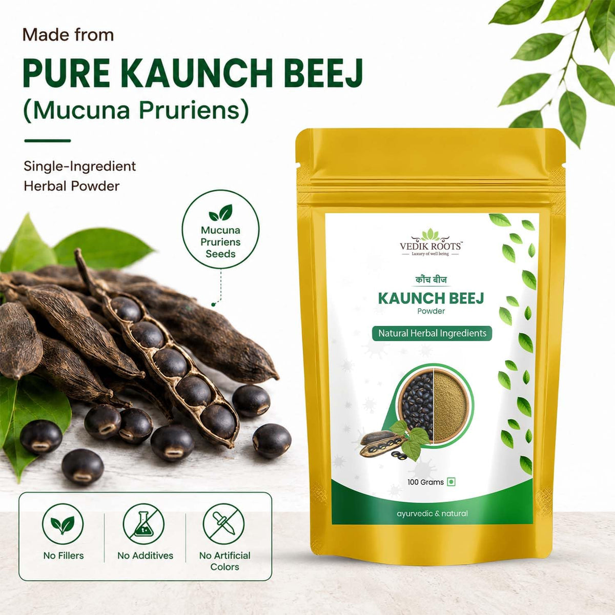 Poudre de Kaunch Beej VEDIKROOTS avec des ingrédients naturels en arrière-plan