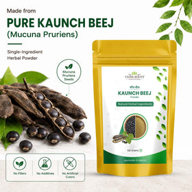 Poudre de Kaunch Beej VEDIKROOTS avec des ingrédients naturels en arrière-plan