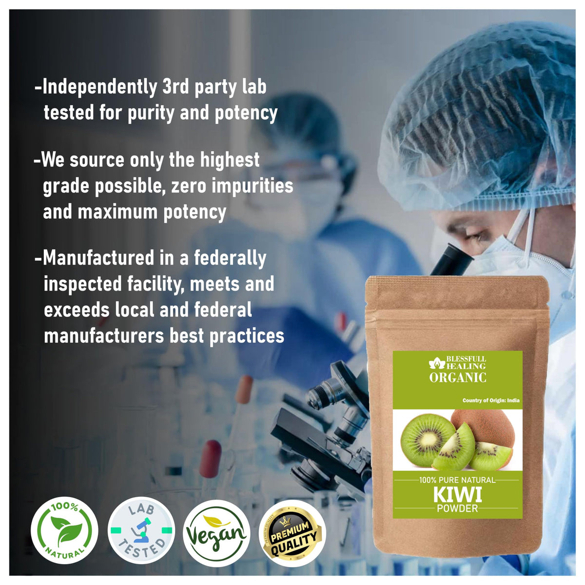 Poudre de Kiwi Blessfull Healing 100g dans un bol sur une table