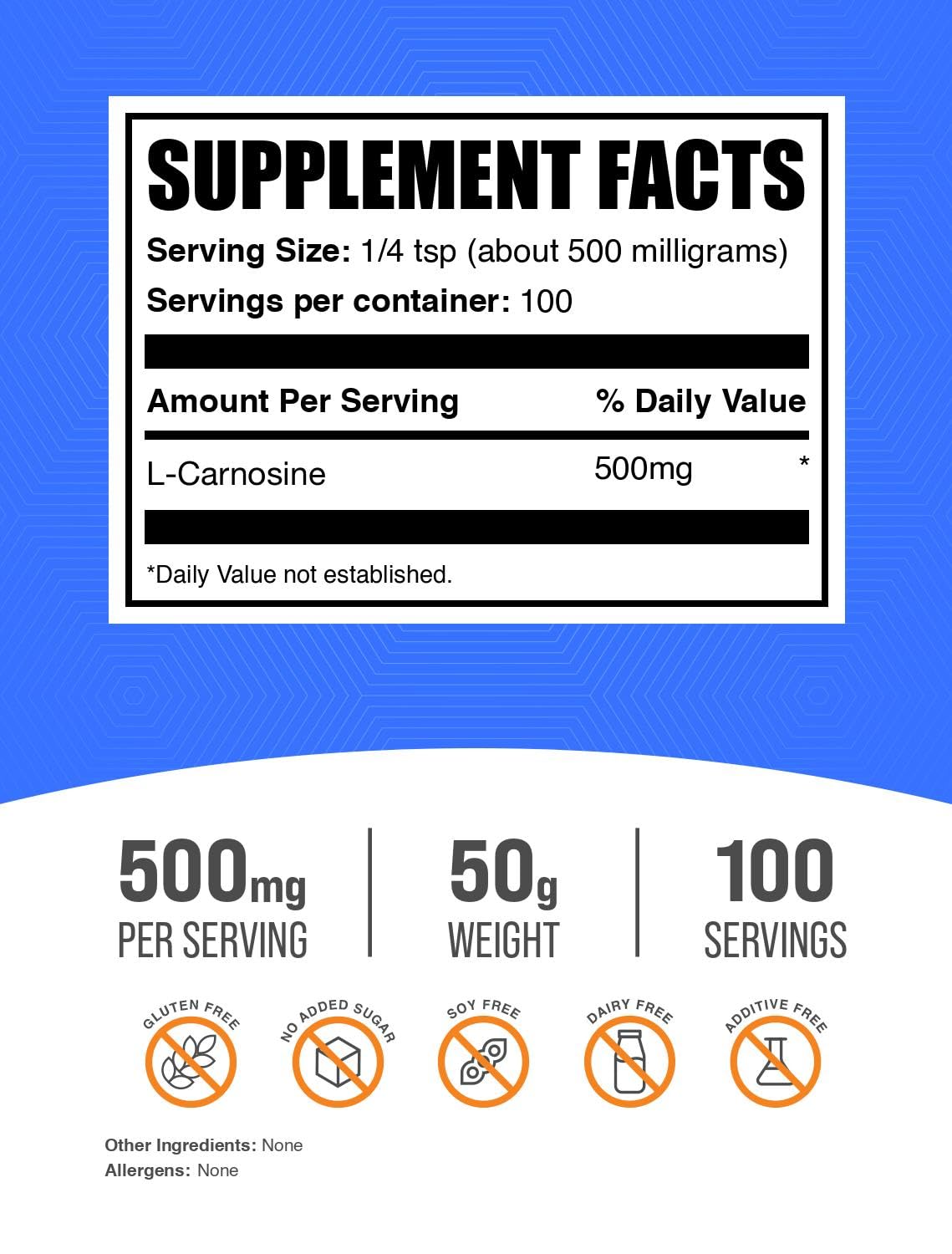 Poudre de L-Carnosine 500mg de BulkSupplements dans un bol avec cuillère