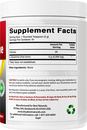 Poudre de L-Glutamine Best Naturals avec des accessoires de fitness