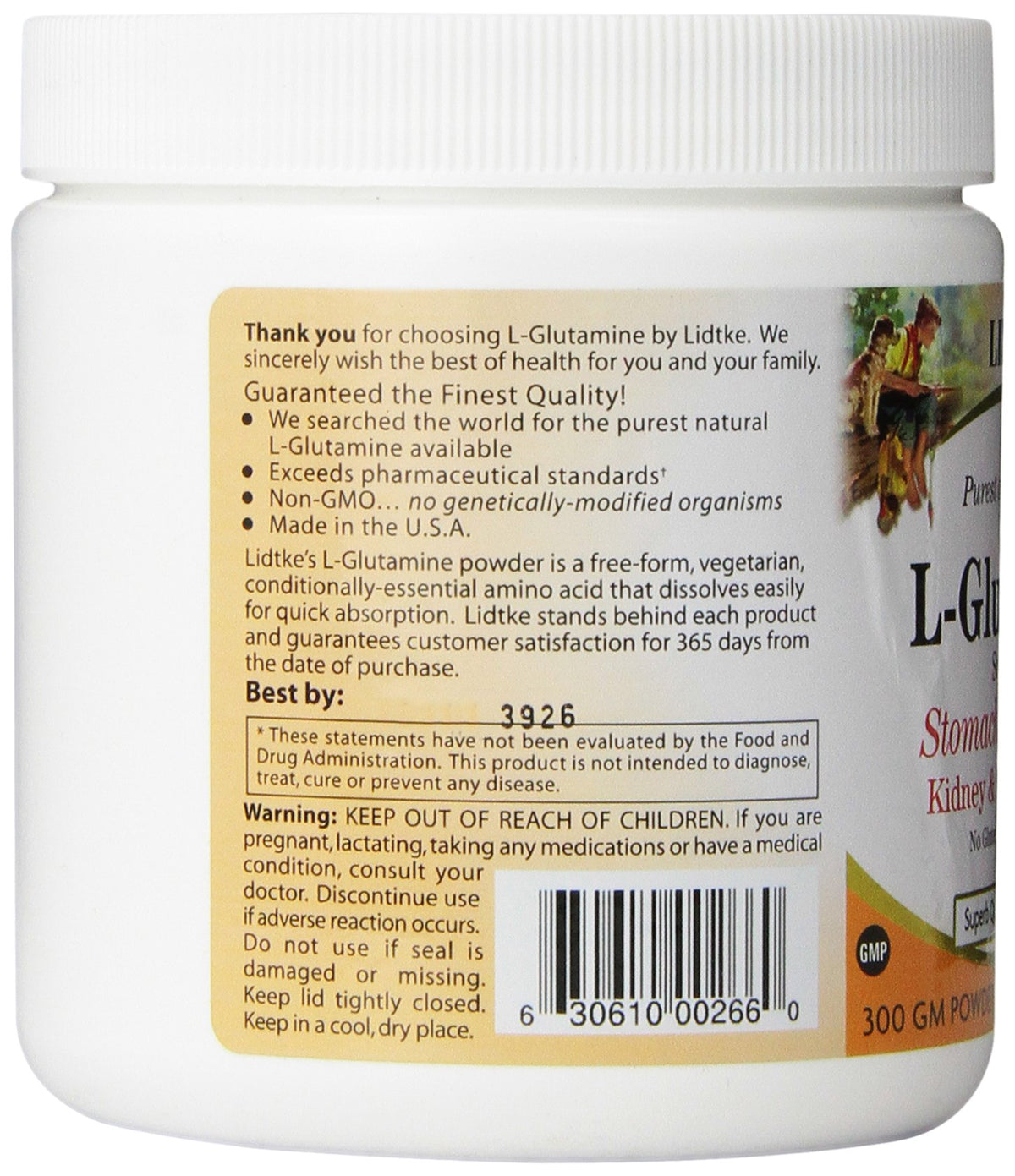 Poudre de L-Glutamine Lidtke 300g vue arrière avec étiquette