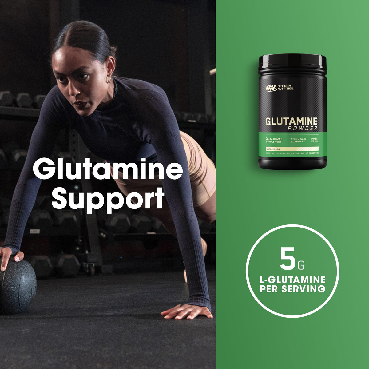 Poudre de L-Glutamine Optimum Nutrition versée dans une cuillère
