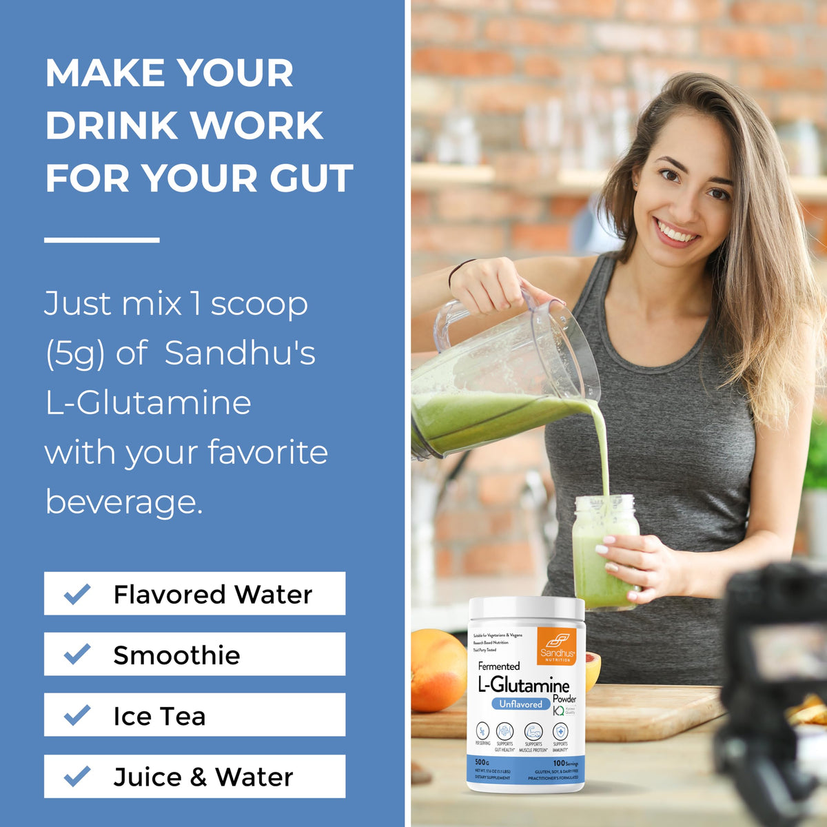 Poudre de L-Glutamine Sandhu's dans un smoothie