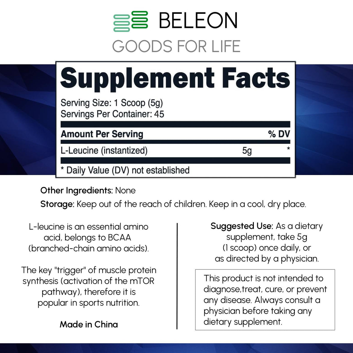 Poudre de L-Leucine Beleon Goods 222g dans un bol avec une cuillère