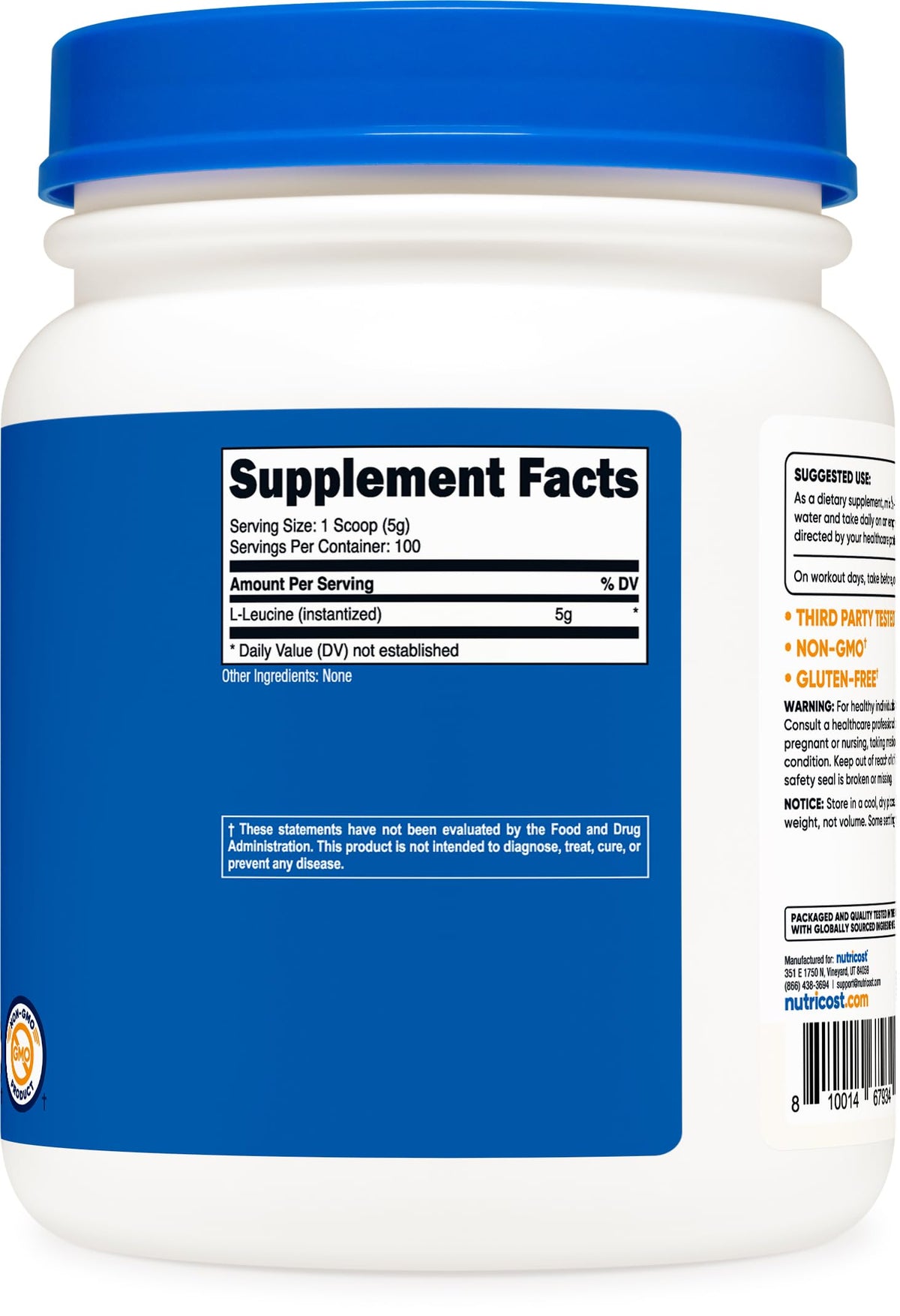 Poudre de L-Leucine Nutricost 500g vue de côté