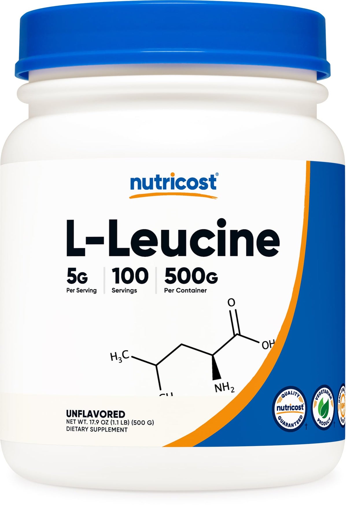 Poudre de L-Leucine Nutricost 500g vue de face avec étiquette