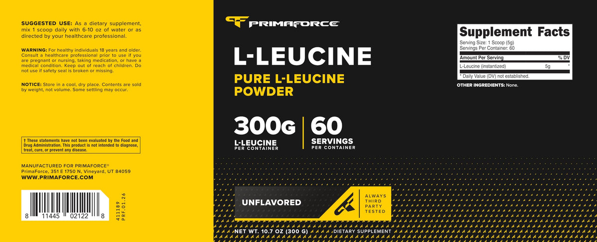 Poudre de L-Leucine sur une table avec d'autres compléments