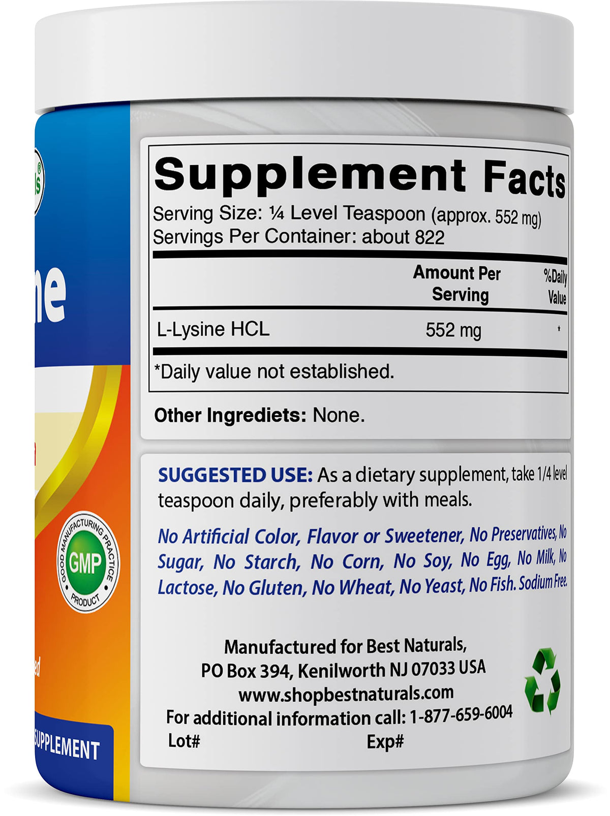 Poudre de L-Lysine Best Naturals sur un plan de travail
