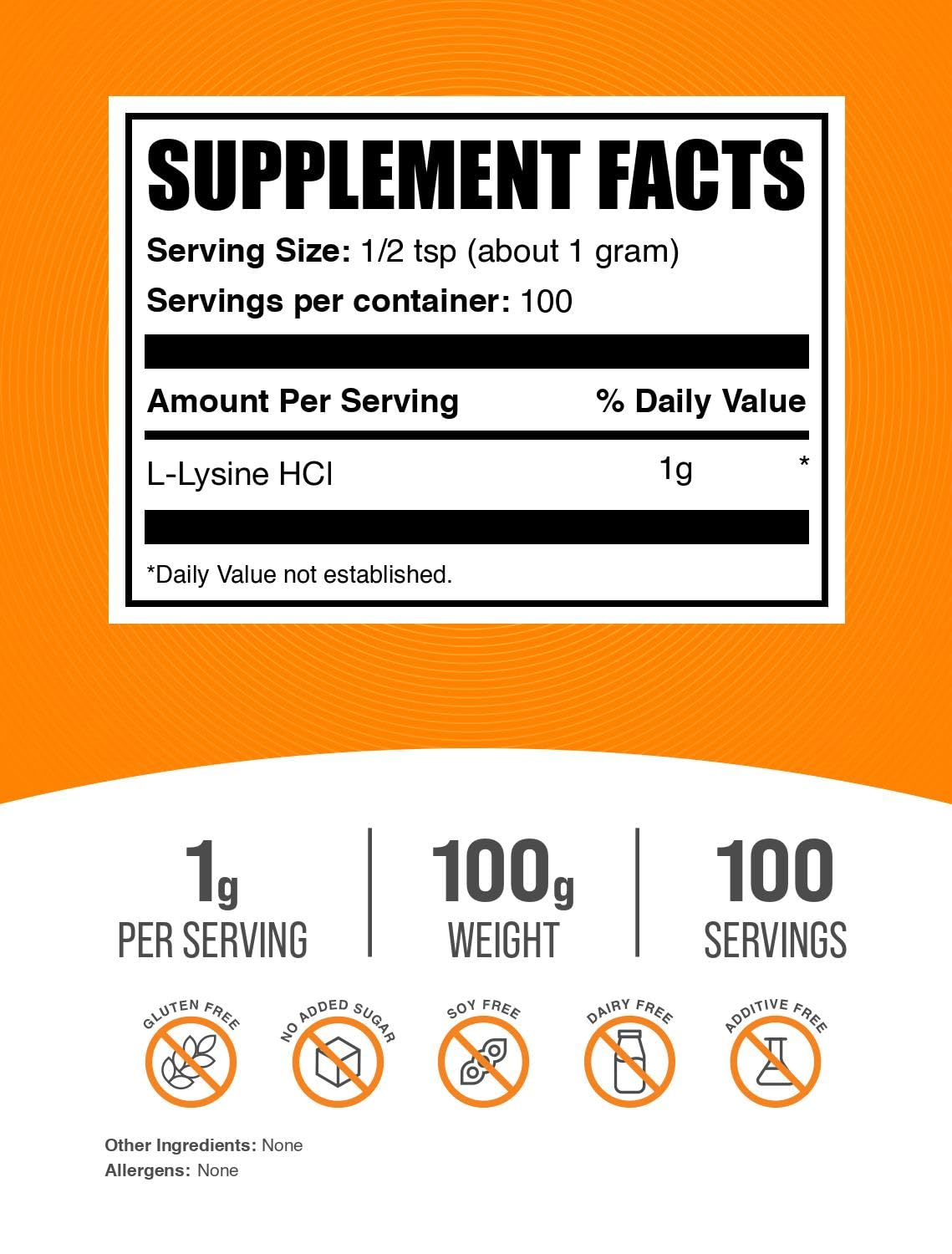 Poudre de L-Lysine BulkSupplements 100g dans un récipient