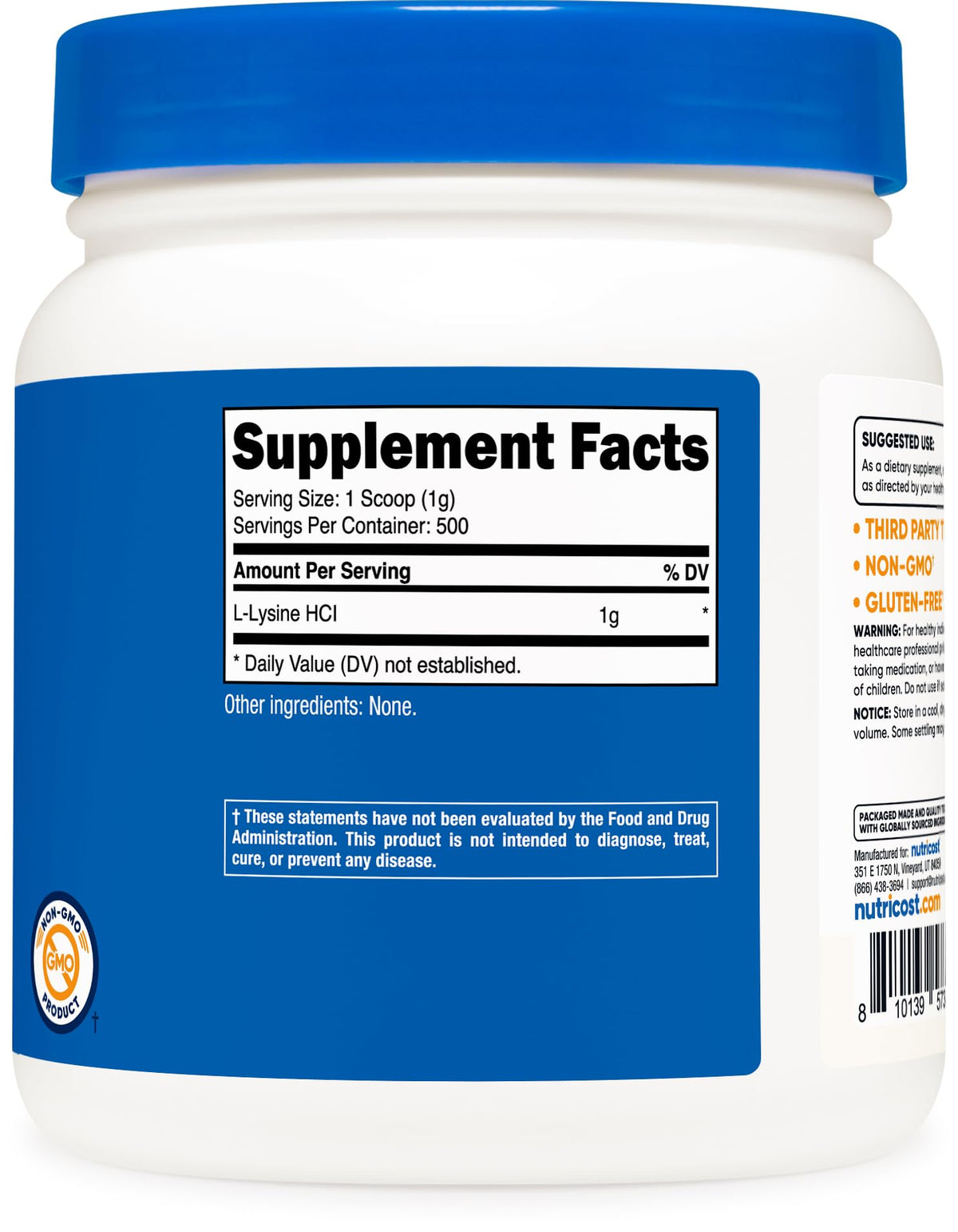 Poudre de L-Lysine Nutricost 500g sur un fond neutre