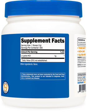 Poudre de L-Lysine Nutricost 500g sur un fond neutre