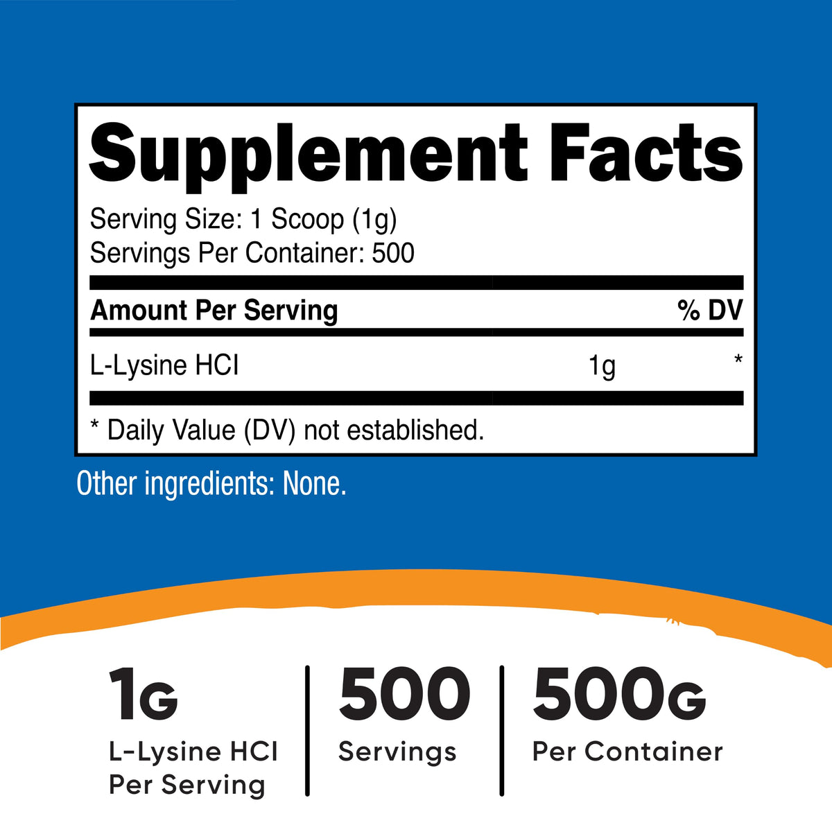 Poudre de L-Lysine Nutricost 500g vue arrière avec informations nutritionnelles