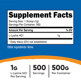 Poudre de L-Lysine Nutricost 500g vue arrière avec informations nutritionnelles