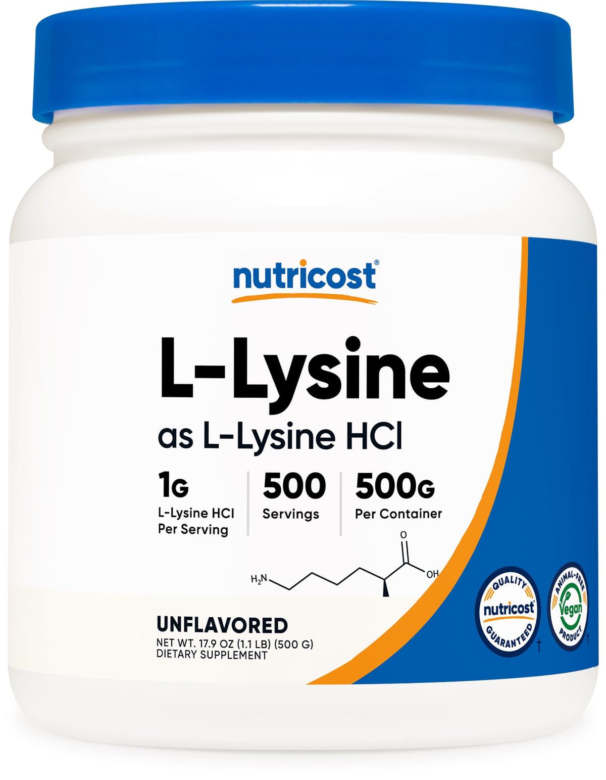 Poudre de L-Lysine Nutricost 500g vue de face avec étiquette