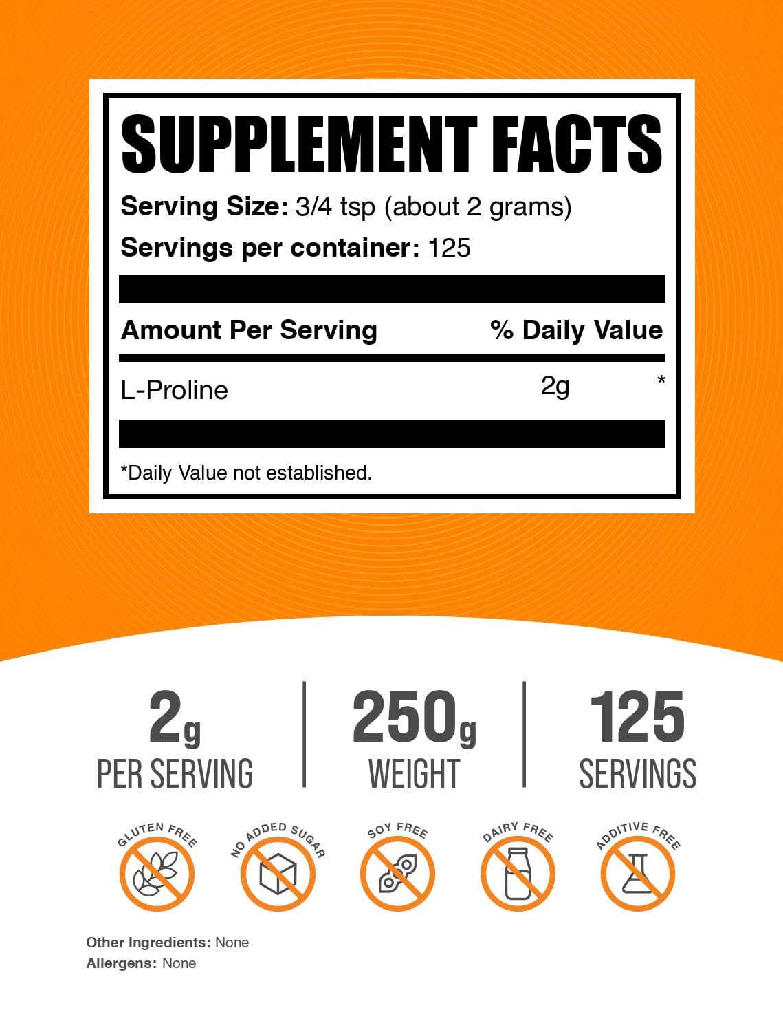 Poudre de L-Proline BulkSupplements 250g avec cuillère dosette