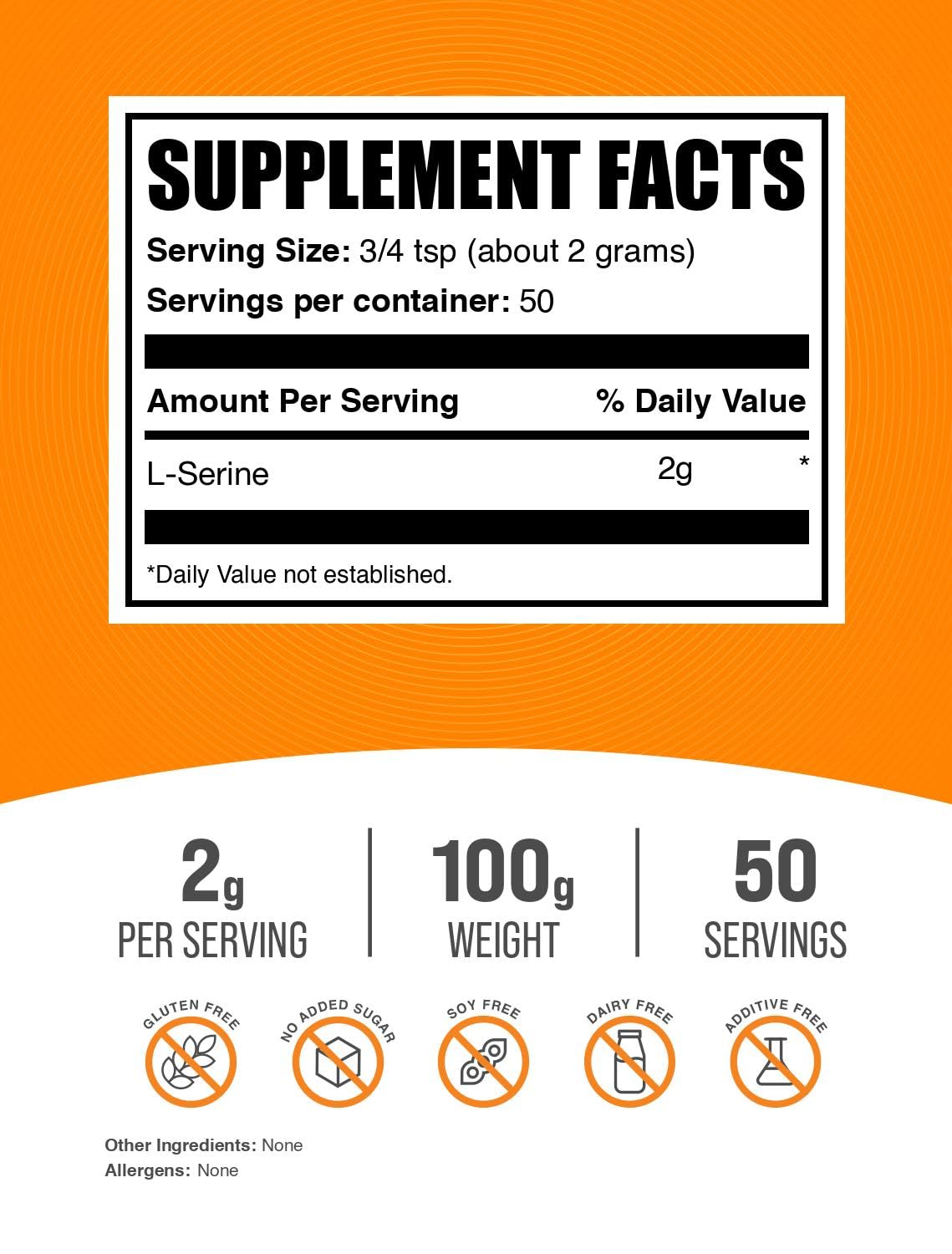Poudre de L-Serine BulkSupplements 100g avec cuillère