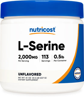 Poudre de L-Serine Nutricost 0,5LB vue de face avec étiquette