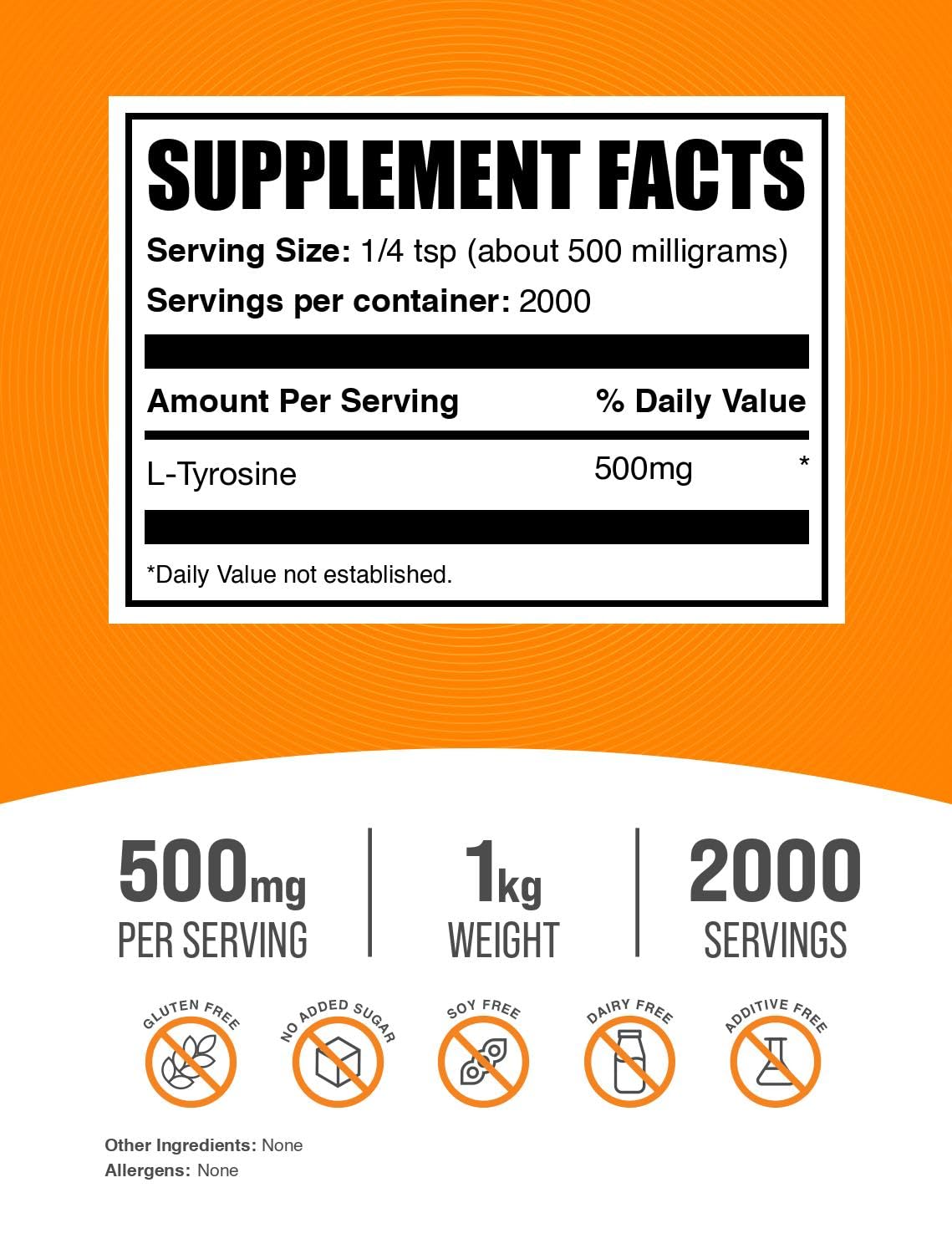 Poudre de L-Tyrosine 500mg BulkSupplements dans un bol avec cuillère