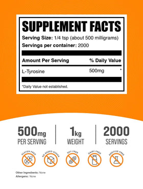 Poudre de L-Tyrosine 500mg BulkSupplements dans un bol avec cuillère