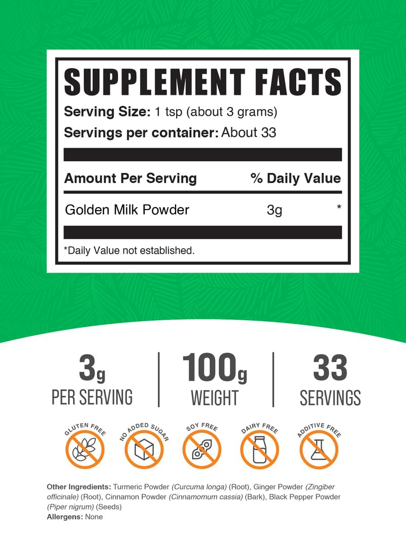 Poudre de lait d'or BulkSupplements en cuillère avec ingrédients naturels.