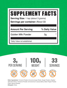 Poudre de lait d'or BulkSupplements en cuillère avec ingrédients naturels.