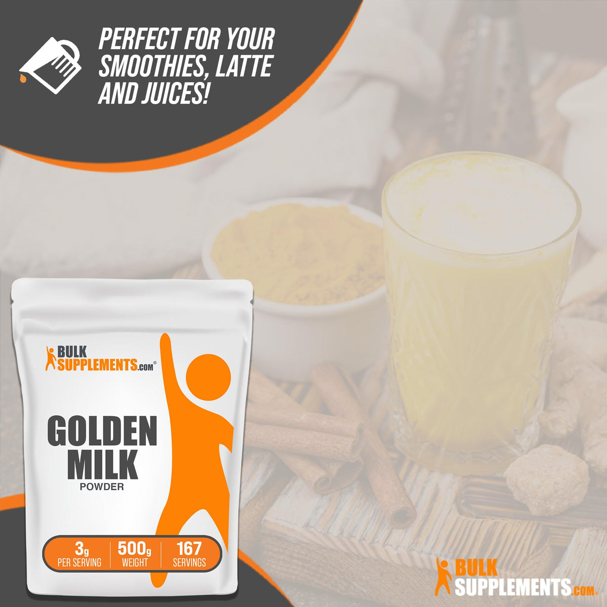 Poudre de Lait Doré BulkSupplements en préparation de smoothie