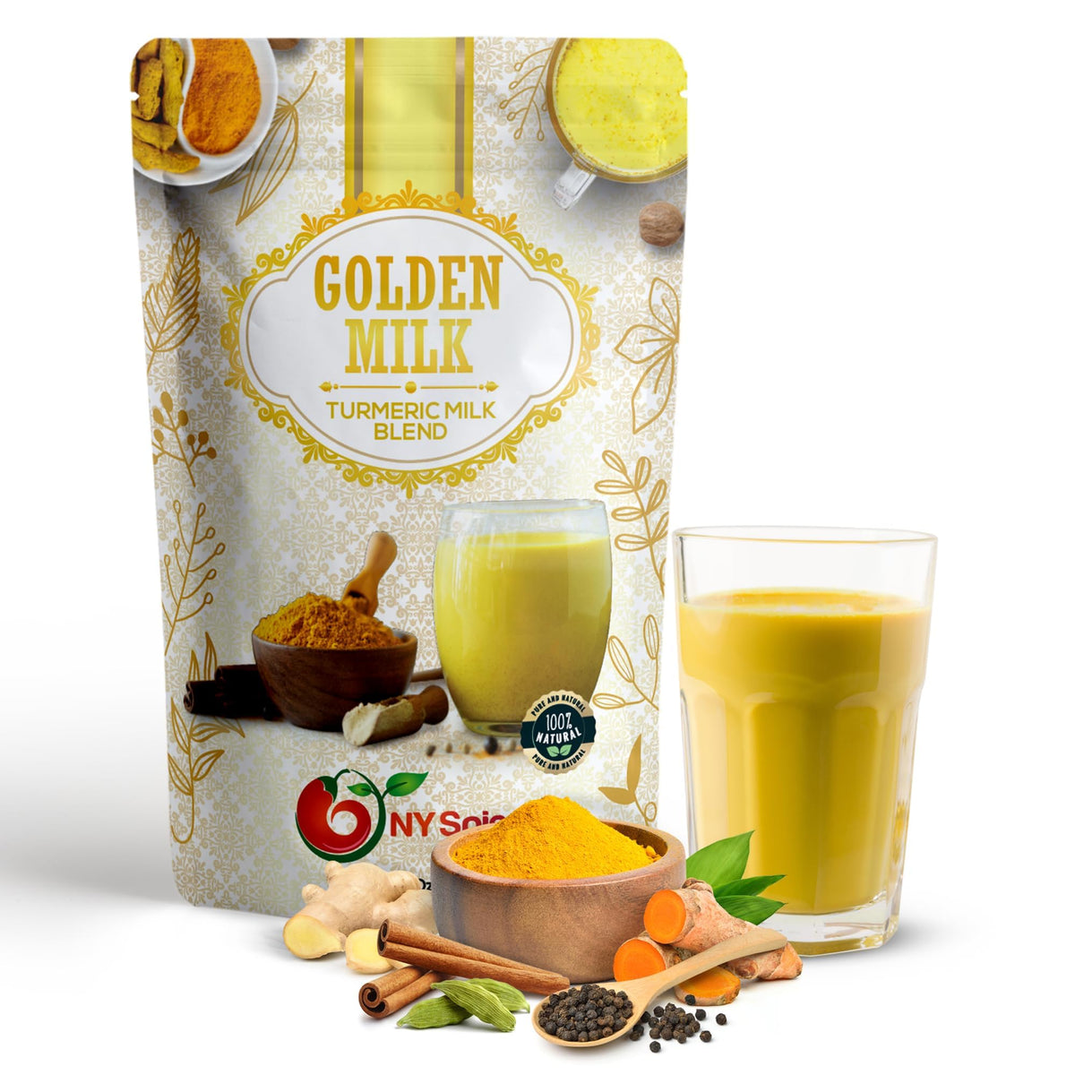 Poudre de lait doré NY Spice Shop 130g vue avant avec étiquette