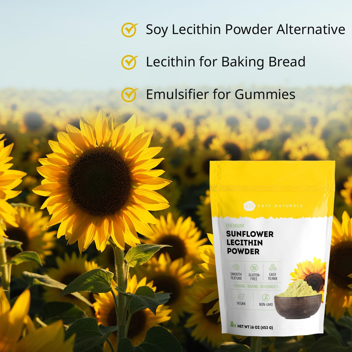 Poudre de Lécithine de Tournesol Kate Naturals dans un récipient