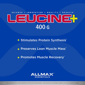 Poudre de leucine ALLMAX sur une table avec une cuillère