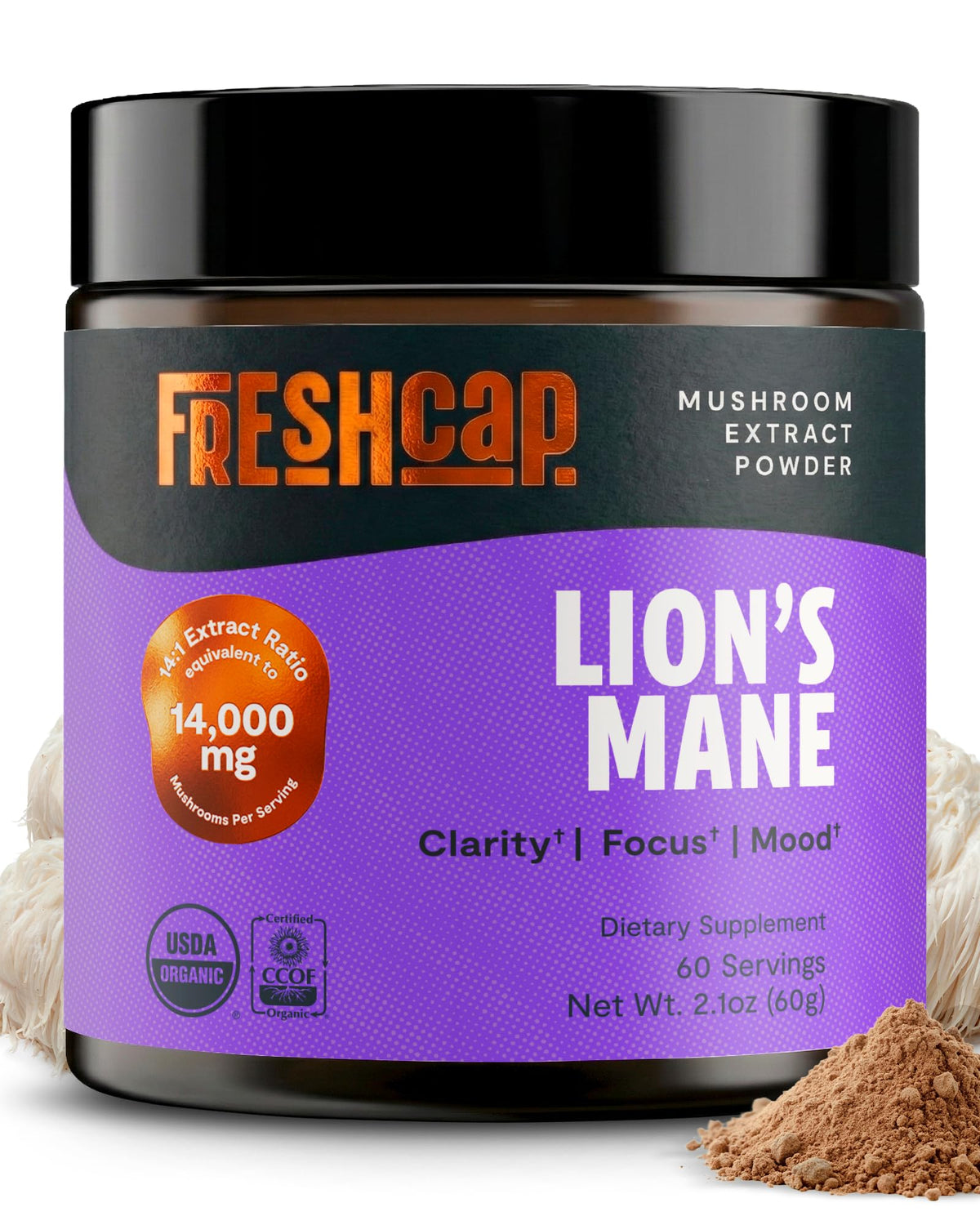Poudre de Lion's Mane FreshCap 90g vue de face avec étiquette