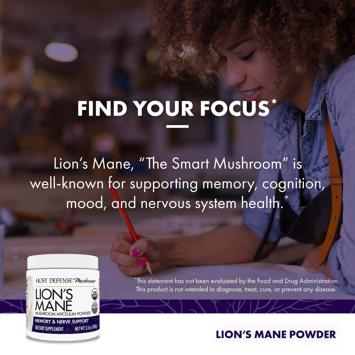 Poudre de Lion's Mane Host Defense sur une table