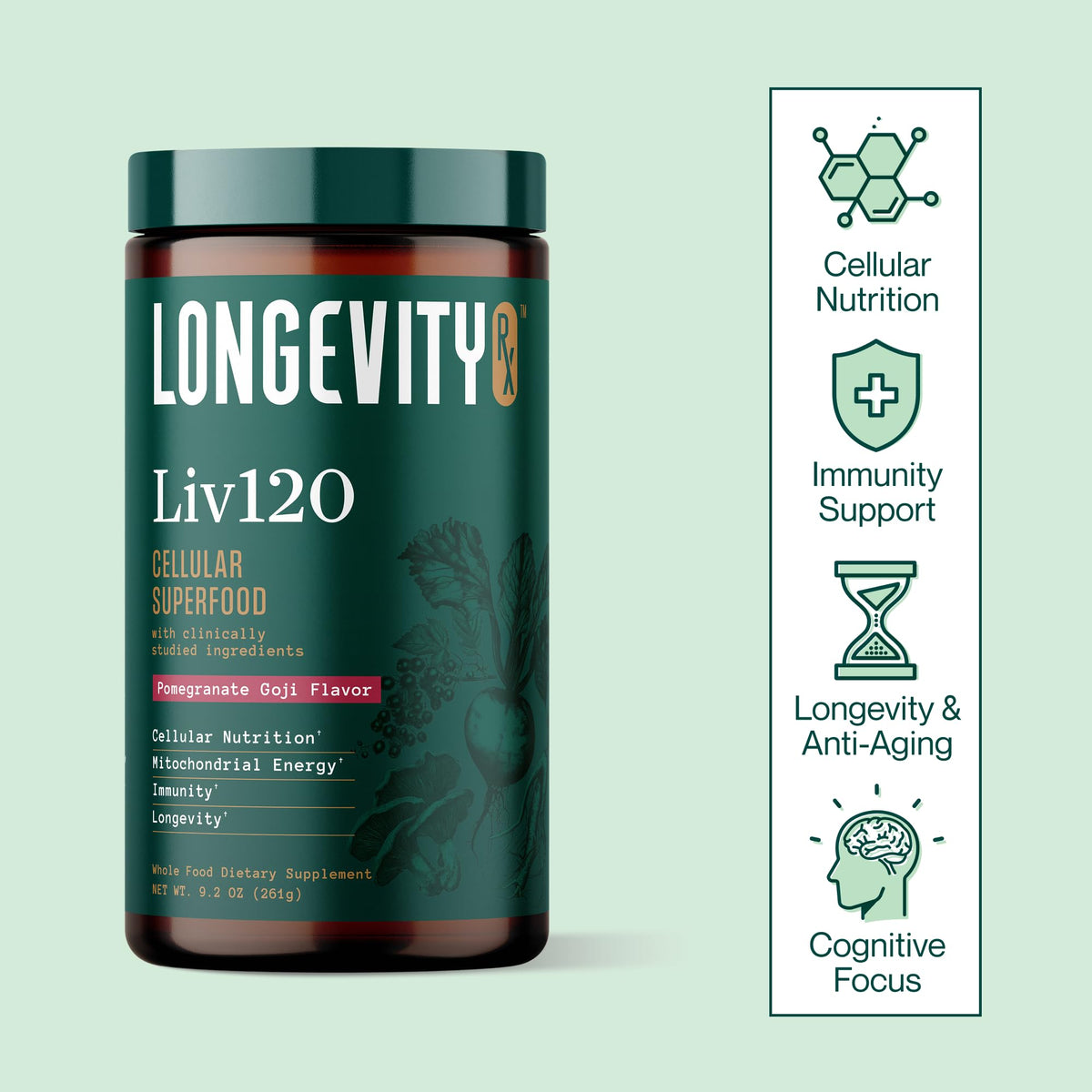 Poudre de Longevity Rx Poudre Superaliment Liv120 devant des légumes frais