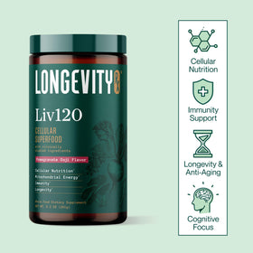 Poudre de Longevity Rx Poudre Superaliment Liv120 devant des légumes frais