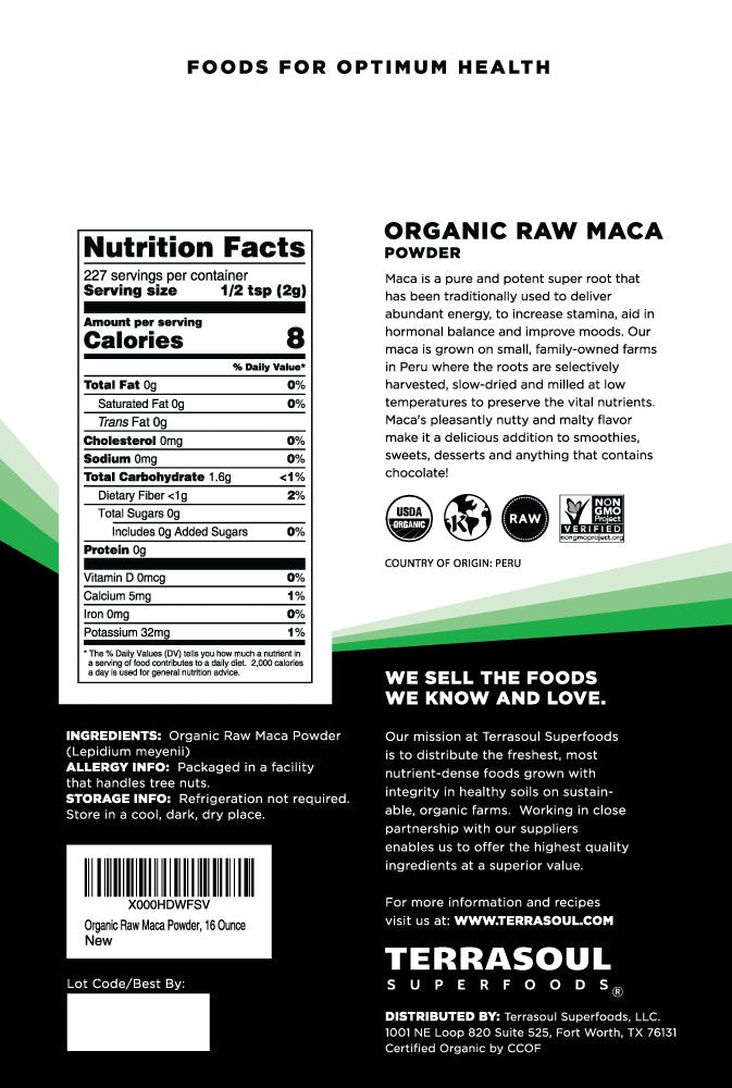 Poudre de Maca Bio Terrasoul Superfoods sachet de 472g dos