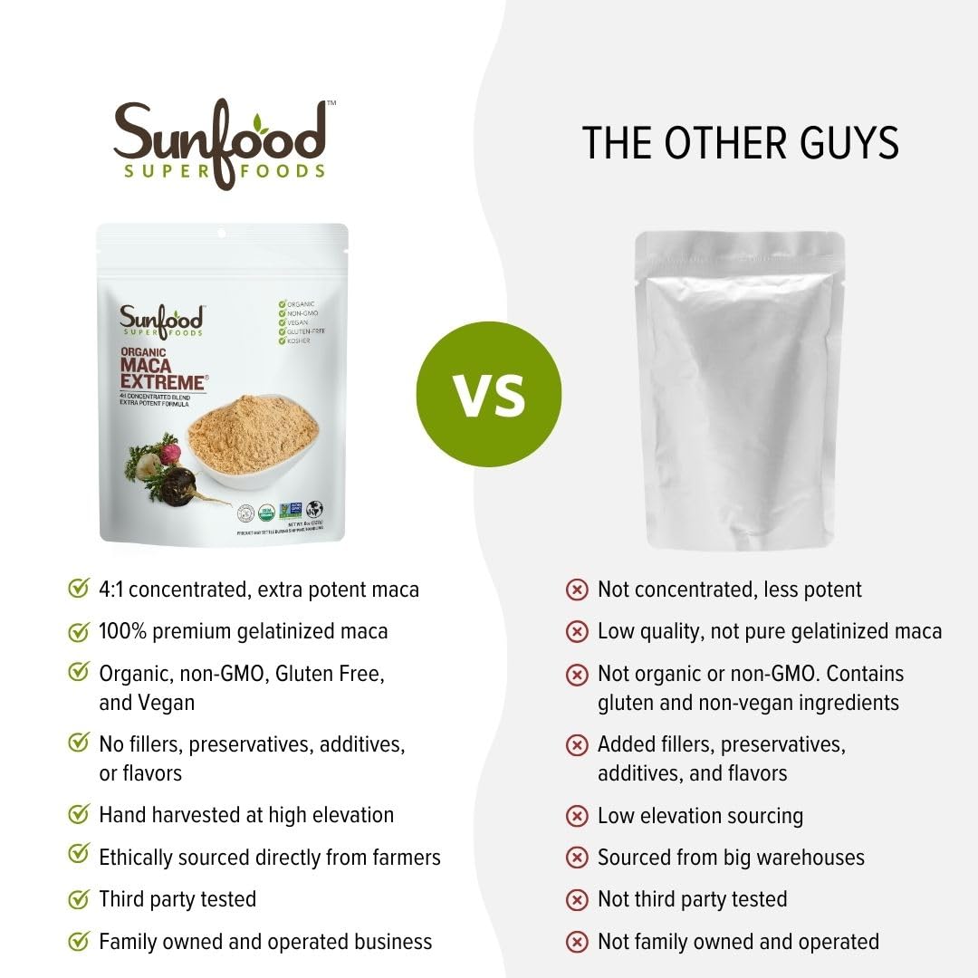 Poudre de Maca Extrême Sunfood 249g présentation à côté d'un smoothie