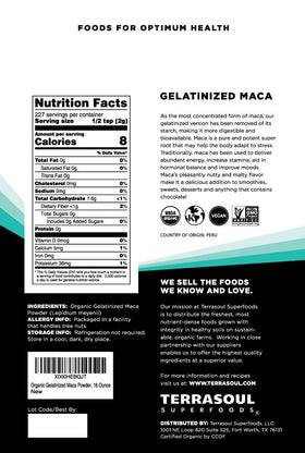 Poudre de Maca Gelatinisée Bio Terrasoul Superfoods vue arrière du sachet