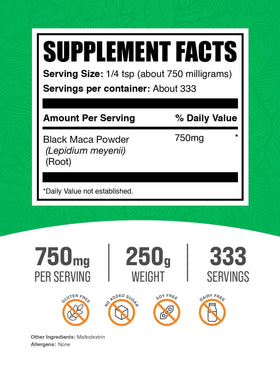 Poudre de Maca Noire BulkSupplements 250g en cuillère avec des ingrédients naturels