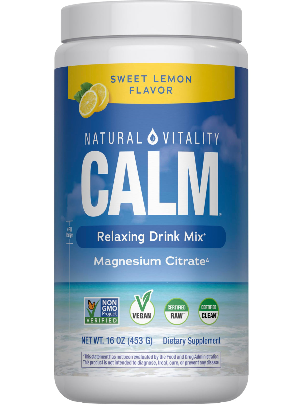 Poudre de magnésium CALM de Natural Vitality 558g saveur citron vue avant