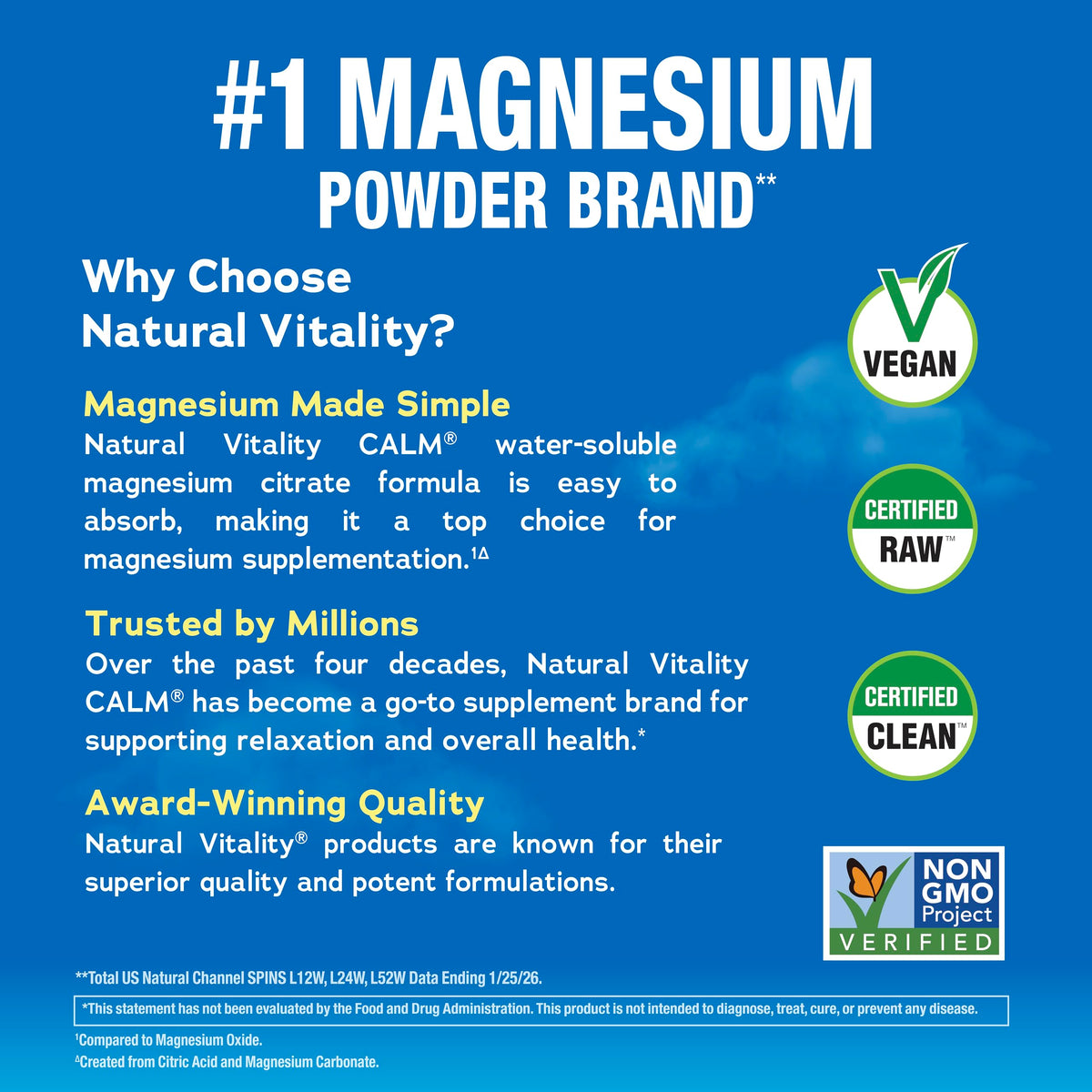 Poudre de magnésium Calm Natural Vitality 290g avec mélange dans un verre