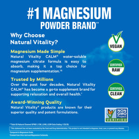 Poudre de magnésium Calm Natural Vitality 290g avec mélange dans un verre