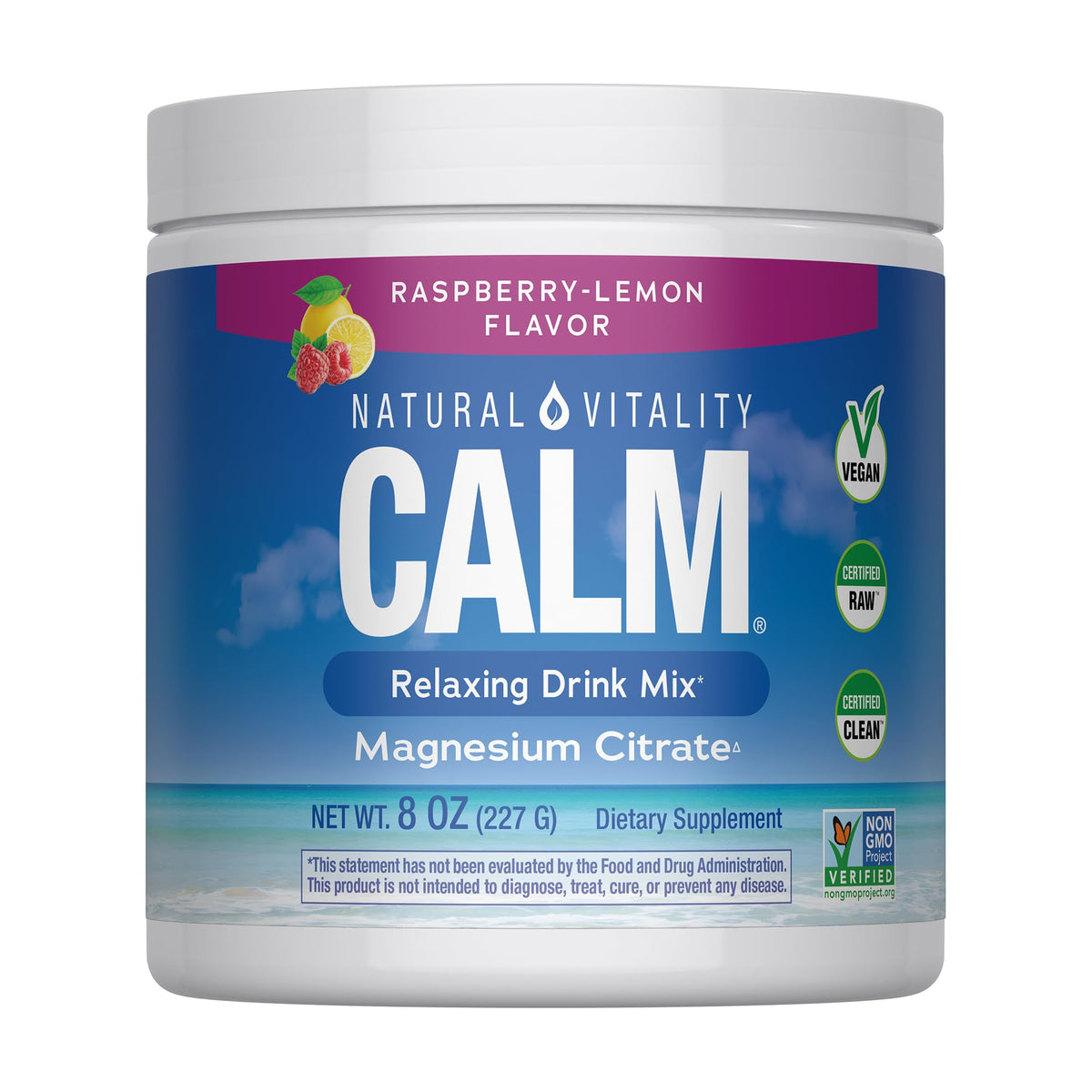 Poudre de Magnésium Calm Natural Vitality 290g vue de face avec arôme framboise-citron
